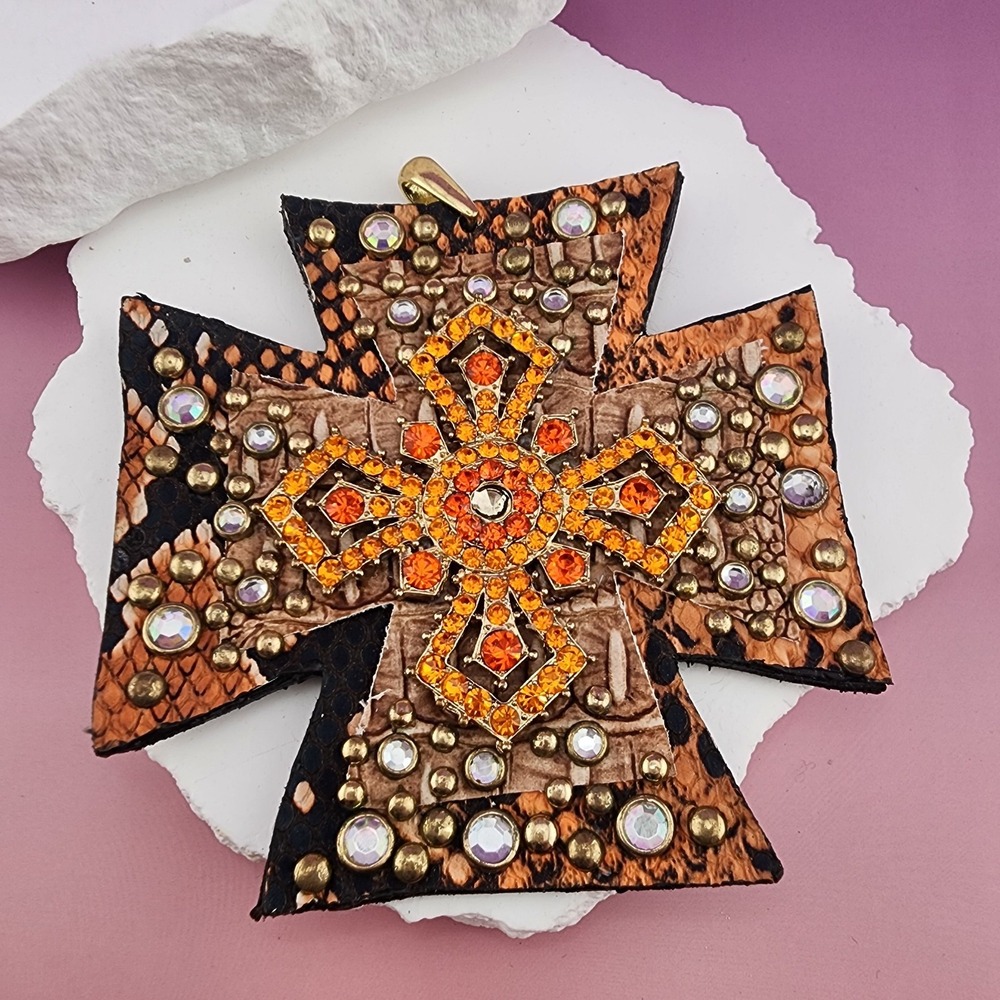 Orange Rhinestone Cross Pendant Faux Leather Snakeskin Western Boho Statement
